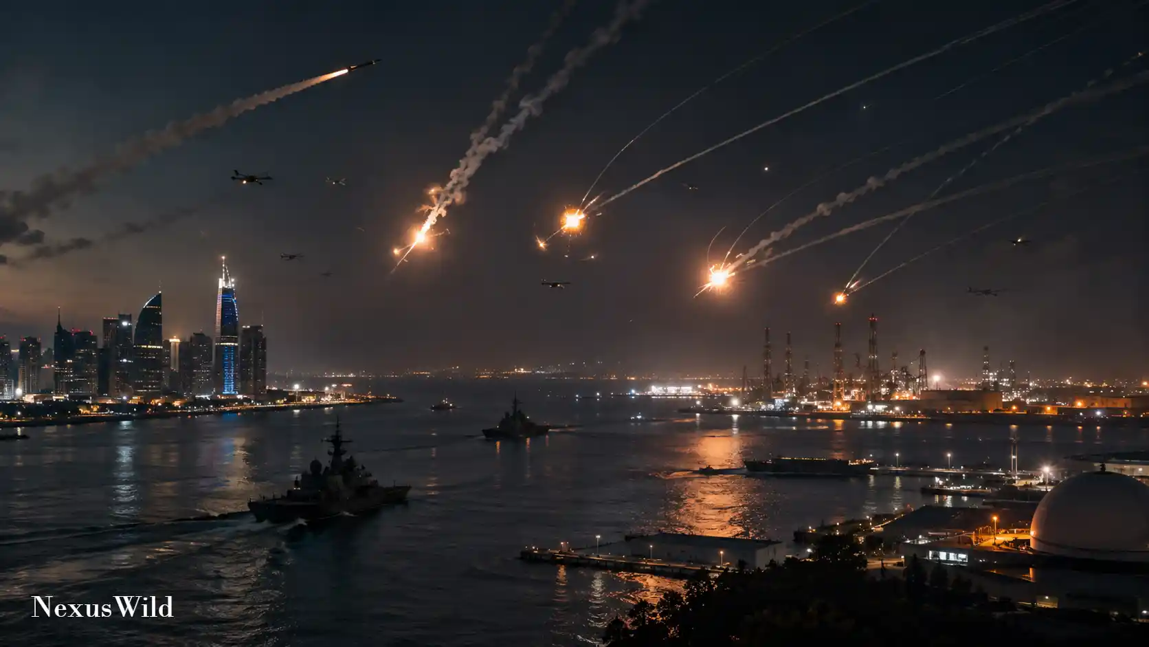 A military jet taking off from an aircraft carrier at night.