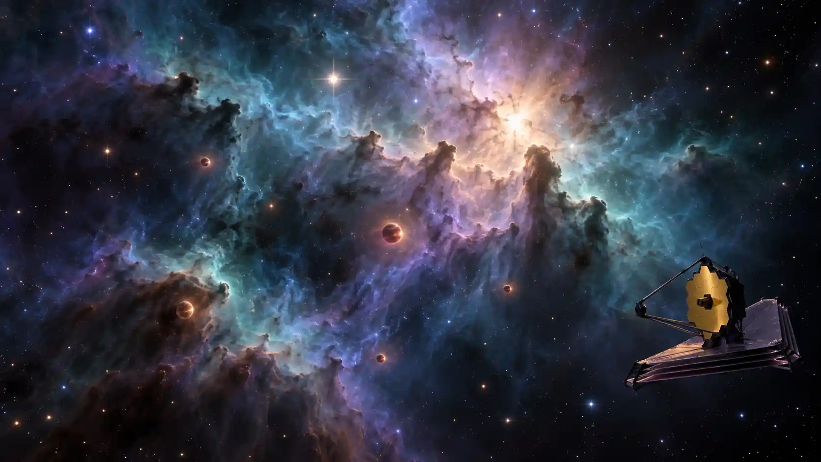 An infrared view from the James Webb Space Telescope showing the glowing gas, dust, and faint star-like objects of the young star-forming region IC 348.