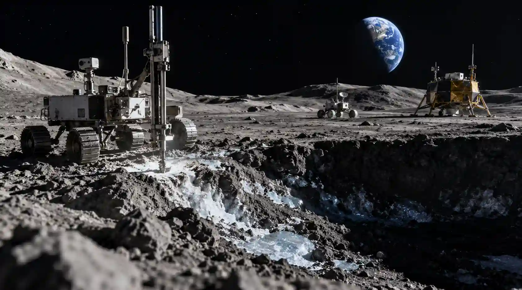 A rendering of a futuristic lunar base situated on the edge of a crater.
