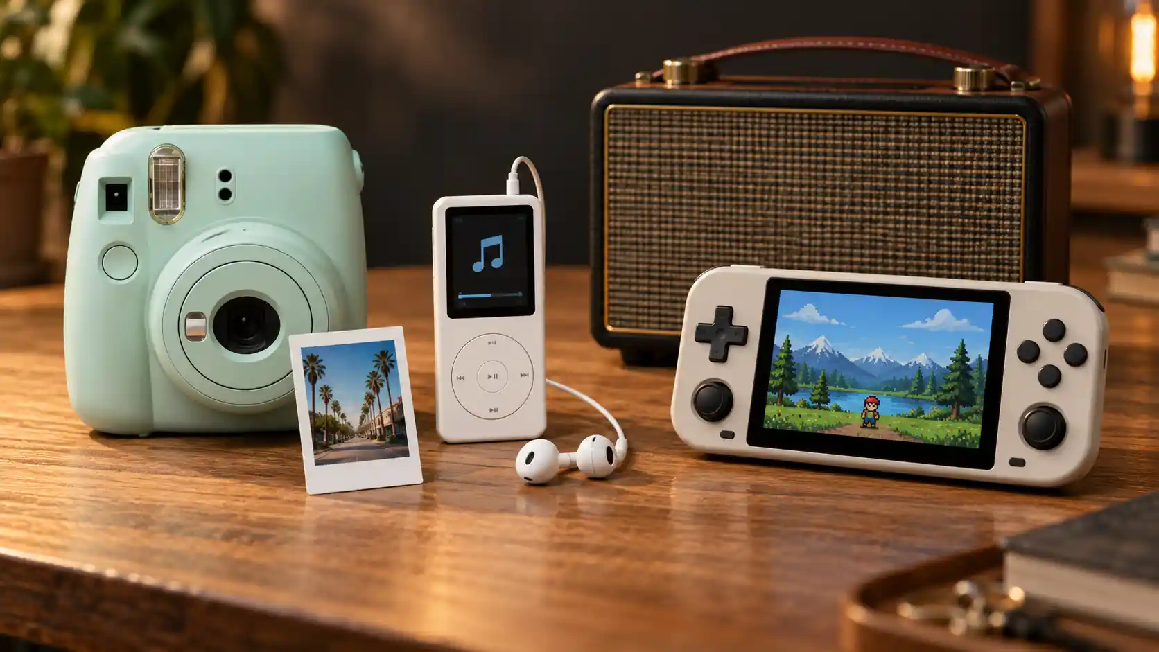 A minimalist mobile phone placed next to an older compact digital camera on a clean wooden desk.