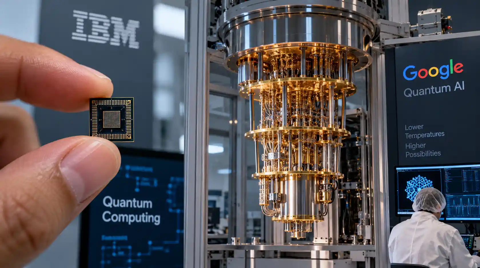 Tiny quantum processor chip inside a large dilution refrigerator quantum computer