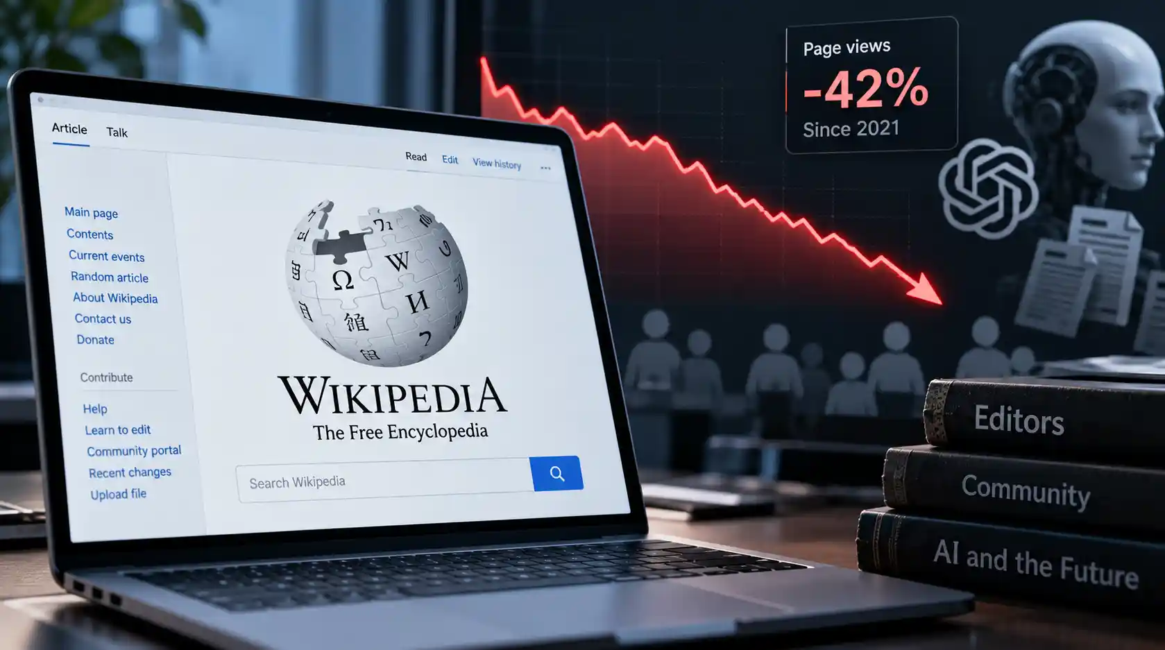 Wikipedia globe logo represented beside declining human traffic charts, editor activity and expanding artificial intelligence data networks