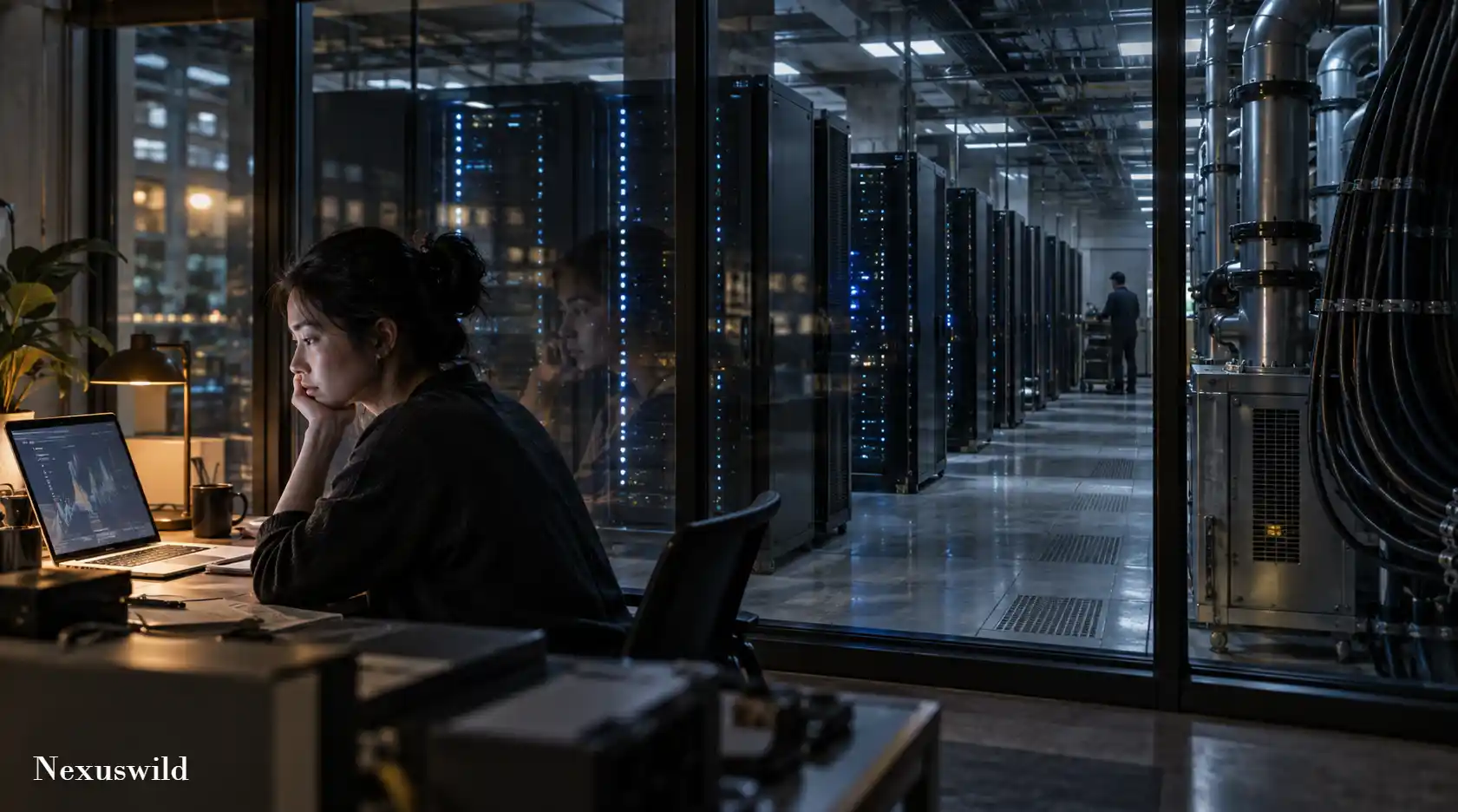 A worker reflected among server racks, illustrating the hidden human and systemic risks of artificial intelligence