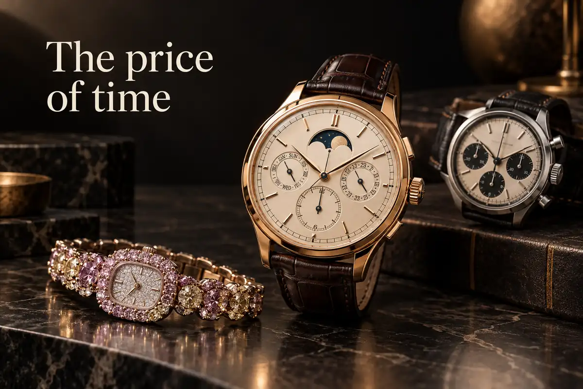 Luxury watches representing the world’s most expensive timepieces and the business economics behind auction records