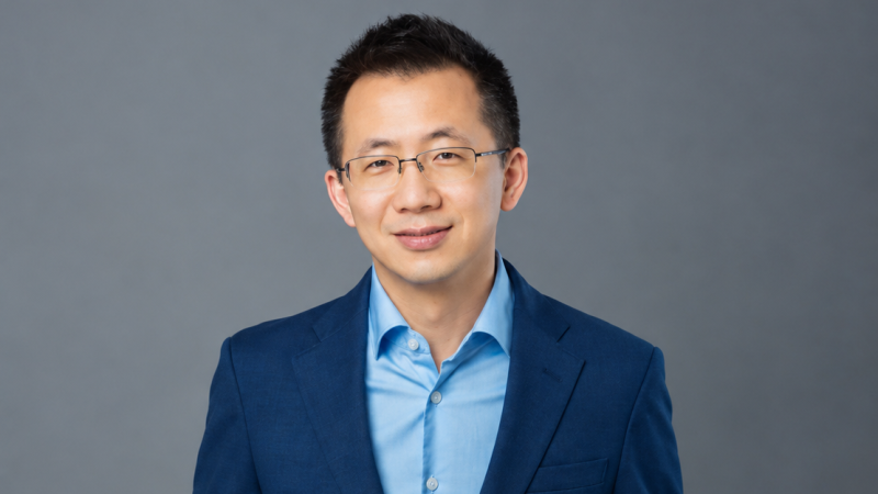 Zhang Yiming, founder of ByteDance, with a modern digital data and financial chart background.